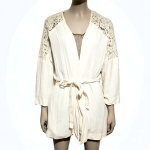 H&M Womens L Belted Cardigan Sweater Ivory Lace Detail Lined Drop Shoulder Top